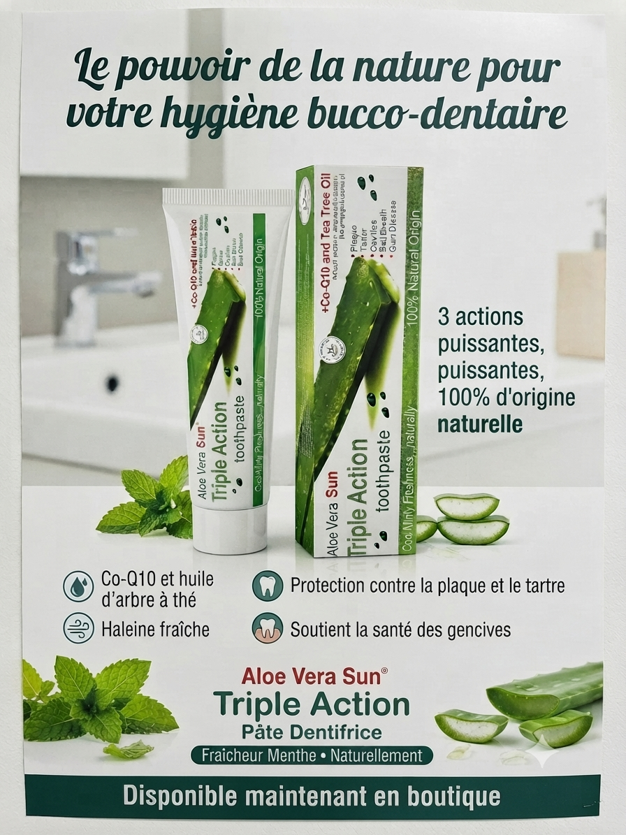 Dentifrice Aloe Vera Triple Action présenté dans une salle de bain
