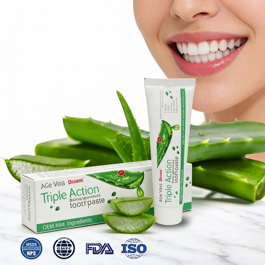 Tube de dentifrice Aloe Vera Triple Action entouré d'aloe vera et de menthe
