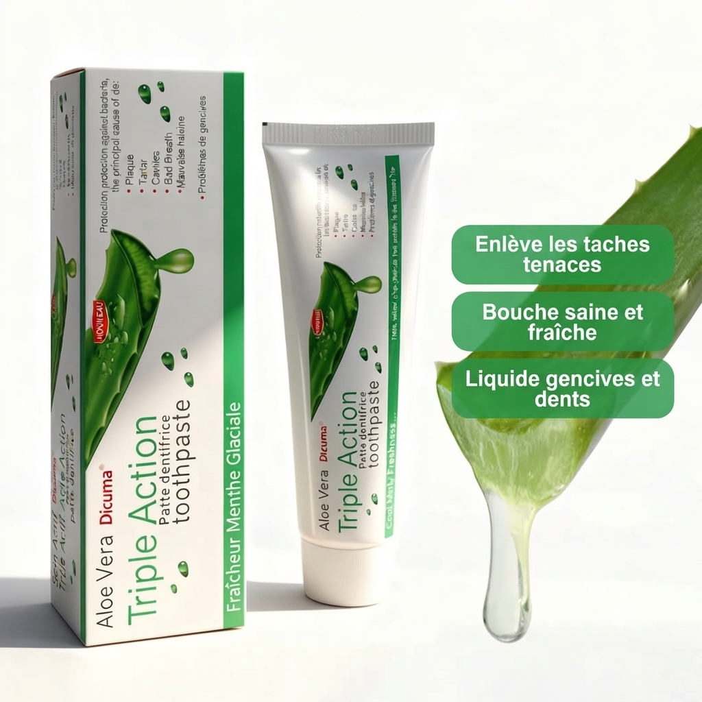 Dentifrice Aloe Vera Triple Action présenté avec un sourire