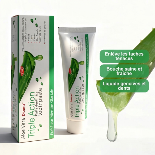 Dentifrice Aloe Vera Triple Action présenté avec un sourire